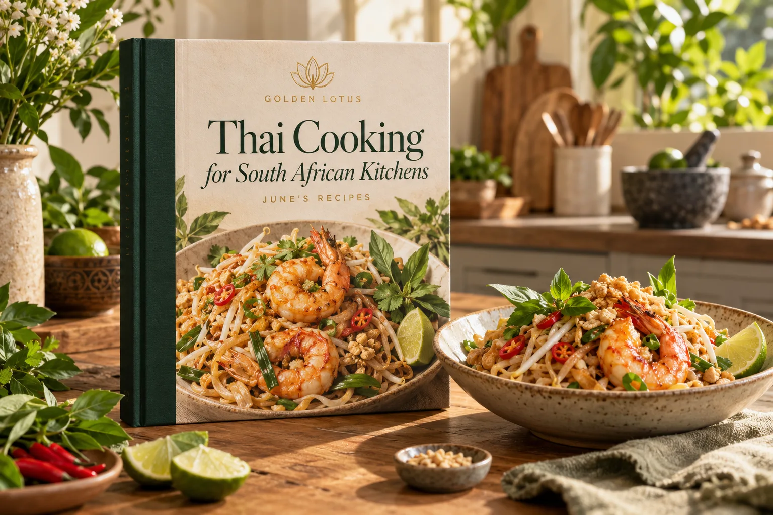 Golden Lotus cookbook concept with prawn Pad Thai, fresh limes and Thai herbs in a sunlit kitchen